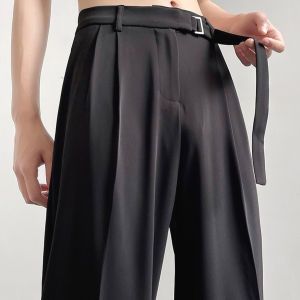 Italian Neapolitan Black Ice Silk Mens Loose Straight Leg Trousers Wide Leg Floor Length Suit Pants Trendy Casual Pants