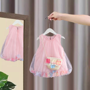 Princess Style Girls Summer Dress Puffy Tulle Skirt mid Waist Vest Dress Cotton Polyester Blend Comfortable Breathable Skirt