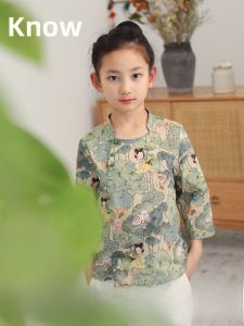 New Chinese Style Artistic Girls Shirt Cotton Print Half Sleeve Childrens Top Pure Cotton Early Autumn Clothing for Kids