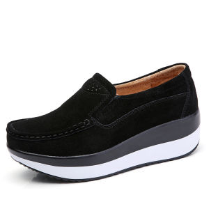 Autumn Women Thick-Soled Wedge Suede Casual Shoes Adult Leather Soft-Soled Slip-On Loafers Lady Non-Slip Comfortable Mom Shoes