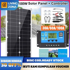 100w Solar Panel Solar Charge Controller LCD LED Display Solar Cell PWM 12V 24V 10A 30A USB Waterproof IP67 Remote Controlled Lampu Baterai Surya LED Lampu