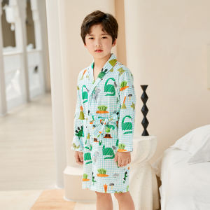 Spring and Summer Pure Cotton Gauze Boy Boy Children Cotton Long-Sleeved Swimming Bathrobe Loungewear Gown Pajamas Nightgown Class a Thin