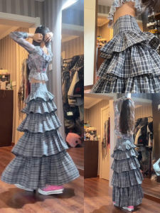 YIFANSHI | Black Korean Grid Pattern Summer New Loose Layered High-Waisted Slimming A-Line Skirt