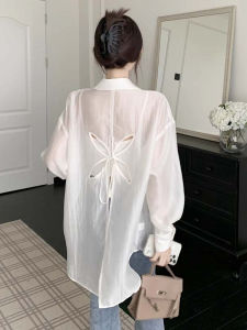 chaqi | Áo khoác chống nắng hở vai thắt nút bướm mùa hè mới cho nữ màu trắng cao cấp Áo khoác ngoài dáng rộng mỏng cổ polo dài vừa phải