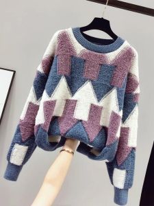 WANGGONGZHU | Korean Style Thickened Lazy Sweater Womens Autumn Winter New Fashion Color Block Loose Knitted Top Warmth Heating Long Sleeve