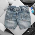 Quần Short Nam ống suông túi hộp jean cotton form ngắn trên gối Màu Xanh bụi. 