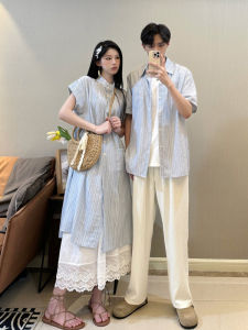 Áo Sơ Mi Ngắn Tay Sọc Mùa Hè Của Cặp Đôi Phong Cách Lười Biếng Rộng Rãi Lớp Nối Midi Đầm One Váy One Đầm Thoải Mái Xu Hướng Trẻ Trung