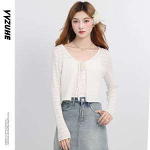 เสื้อคาร์ดิแกนเปิดคอวีสไตล์ฝรั่งเศสสำหรับผู้หญิง ฤดูร้อน 2025 เสื้อคลุมกันแดด ทรงหลวม แขนยาว สีพื้น ปกติ