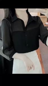 เสื้อเชิ้ตแขนสามส่วน ผ้าชีฟองซาติน 【NO.M006】สีขาวกับสีดำ แฟชั่นฤดูใบไม้ผลิ และฤดูร้อน สไตล์ตะวันตก สําหรับผู้หญิง