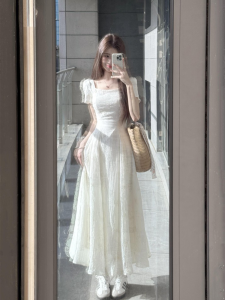 French Sweet First Love Square Collar Dress Summer New High Sensation Gentle Atmosphere Waist Cinching Slimming Fairy Skirt