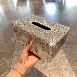 Luxurious High Aesthetic Tissue Box Rectangular Leather Diamond Embedded Living Room Dining Table Decorative Item Trendy