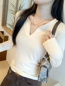 Pure Desire Style Shoulder V Neck Long Sleeves Bottoming Shirt Womens Early Autumn Inner Wear Half-Open Collar Skinny Versatile Elegant Niche Top