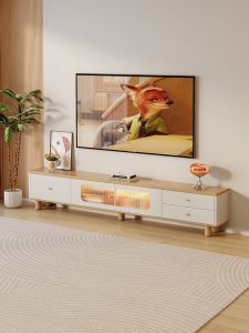 HETU | Natural Cream Tone Narrow High Leg TV Stand with Storage