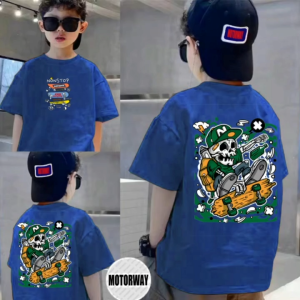 MOTORWAY K525 T-shirt with cartoon skeleton skateboarder graphic. Green and white design. Adjustable cap with logo. Casual streetwear Short-sleeved pure cotton summer fashion for adults and children matching parent-child outfits skateboard style