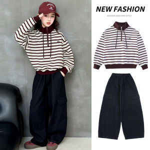 MPW | Girls Long Pants Set Casual Style Spring Autumn Fashionable Striped Sweatshirt Denim Jeans Mid To Large Children Korean Trend