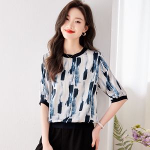 Ice Silk Printed T-shirt Women Short Sleeve Top New Retro Style Fashion Design Casual Loose Waist Tee Tops
