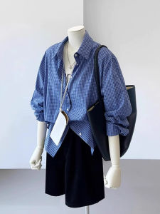 French Blue Plaid Shirt Jacket Womens Early Spring Loose Casual Design Versatile Shirt Korean Style Long Sleeve POLO Collar