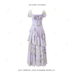Waist Shaping French Vintage Style Square Neck Chiffon Print Dress