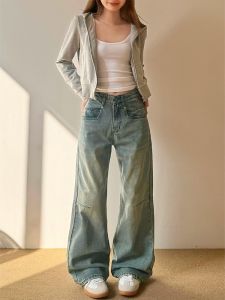 Don Cry Retro Washed Embroidered Loose Wide Leg Casual Jeans Womens New Style American Loose Long Pants Casual Straight Leg Jeans