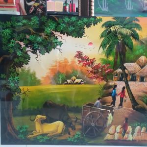 Tranh sơn mài đồng quê vẽ màu đẹp Thanh Bình Lê hàng xuất khẩu 60x120 cm ( tặng kèm khung)