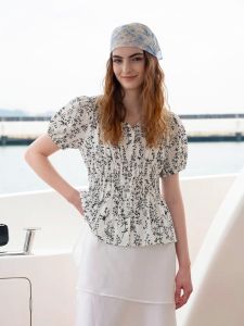 Basic House | French Style Flower Print Ruffled Waist Bubble Sleeve Short Sleeve Shirt