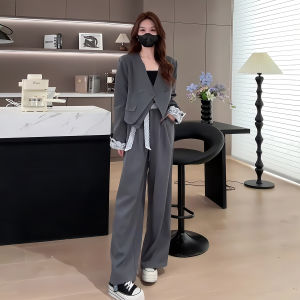 Spring 2025 Fashion High-End Lace Patchwork Suit Jacket Wide Leg Pants Set Womens Elegant Quality Ensemble
