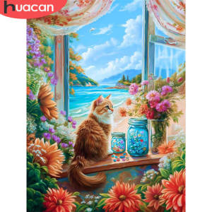 Huacan Diamond Painting Cat Autumn Animal Full Kits Diamond Mosaic Seaside Landscape Rhinestones Flower Wall Decor