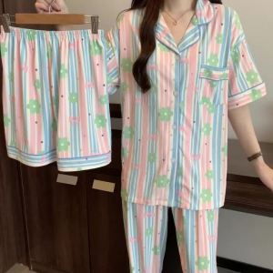 3 Piece Set Womens Pajamas Striped Flower & Bow Print Short Sleeve Sleepwear Y2K Aesthetic Casual Pajamas Set Summer Casual