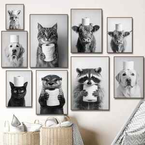 Highland Cow Otter Cat Raccoon with Toilet Paper Poster Print Canvas Bathroom Wall Art Funny Toilet Humor Home Decor