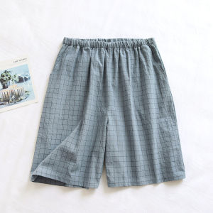 Cotton Men Solid Color Shorts Simple Loose and Breathable Student Sleeping Pants Elasticated Waistband Plaid Pajama Pants