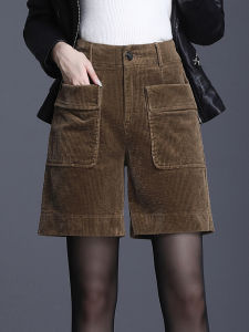 Womens Corduroy Wide Leg Shorts Casual High Waist Straight Cut Pocket Pants Autumn Outerwear Boot Cut Five-Point Measurement