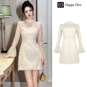 Happy Diva เดรสผู้หญิง เดรสสีครีม เดรสทรงเอ เดรสตาข่าย เดรสทำงาน เดรสไฮโซ เดรสวินเทจ เดรสออกงาน เดรสปาร์ตี้ ชุดราตรี 21407