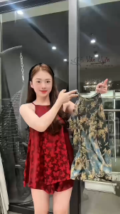 Bộ Yếm Gấm Đùi Bunny phom dưới 68kg Vải lụa gấm 2 da quần có túi hàng may kỹ