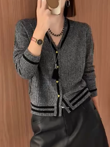 QINGNAER | Fashion Grey Love Heart Buttoned Sweater Cardigan
