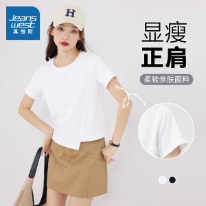 Jeanswest Black Short Sleeve T-Shirt Womens Summer New Style Small Size Design Shoulder Top Cotton Blend Elastic Fiber