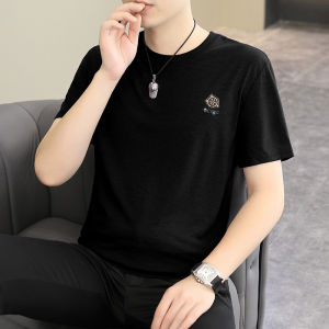 Summer 2025 Mens Ice Silk Short Sleeve T-Shirt round Neck Half Sleeve Trendy Simple Cotton Top Breathable Comfortable Youth Fashion