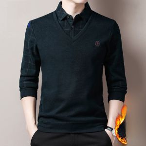 ROMON | Áo len dệt kim dày lót lông cừu thời trang mùa đông cho nam trung niên và người cao tuổi Romon Áo khoác ngoài thường ngày cổ bẻ kẻ caro