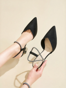 Josiny | Spring Summer One-Strap Black Pointed Toes Versatile High Heel Sandals