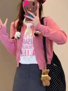 Raspberry Pink Embroider Knitting Cardigan Female 2024 Early Spring and Autumn New Arrival Small Thin Short Sweater Outwear