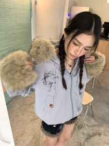 Spring Wild Too Winter Printed Cute Fur Collar Jacket Thickened Cotton Coat Nanas Cotton Jacket Comes with Fur Collar