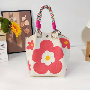 Korean floral knit tote bag with large capacity and cute printing is portable and suitable for daily commuting shopping. bags