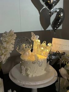 Fairy Tale Princess Girl Birthday Cake Decoration Glowing Crystal Crown Ornament White Butterfly Dessert Table Plug-In