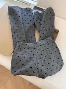 กางเกงวอร์มทรงตรงสีเทาลายจุดพับข้างสำหรับผู้หญิง กางเกงขายาวทรงหลวมสบายๆ สำหรับฤดูใบไม้ร่วงและฤดูหนาว กางเกงขายาวทรงสลิมฟิต