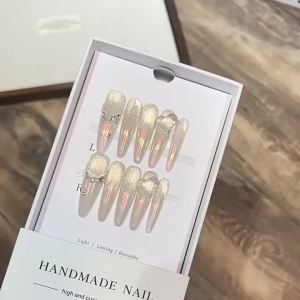 10pcs French Cat Eyes False Nails DIY Handmade Rhinestone False Nails Aurora Press on Nails for Women Gilrs Nail Art