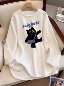 Womens Long Sleeve Cotton T-Shirt Loose Fit Base Layer Shirt Pure Cotton Fleece Lined mid Length Cover Hip Commute Style