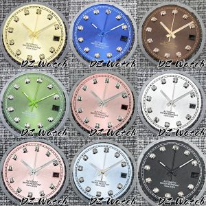 DZ 29mm Sunburst Watch Dial Pink Gold Green Dial With Diamond Index Date And Hands  Fit NH35 Automatic Watch Modified Replace