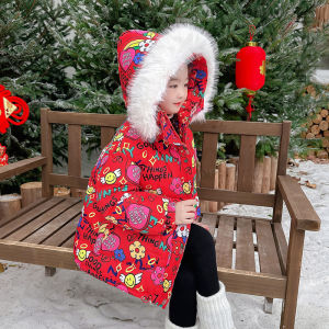Girls Winter Cotton Jacket Red Childrens Winter Coat Festive New Years Outfit Small Girl Cartoon Print Thickened Hooded Zipper
