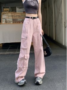 Retro American Workwear High Waist Jeans Womens Loose Slimming Pocket Pink Straight Leg Pants Autumn New Style Ladies Jeans