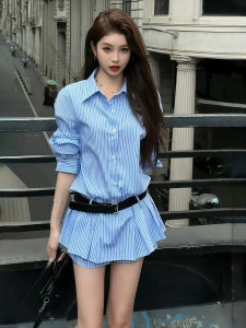Korean Style Blue Striped Shirt Dress Womens Short Waist-Cinching Polo Collar Two-Piece Set Summer Lazy Style Long Sleeve