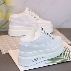 Heel-Free White Shoes Womens Easiest for Match Outdoor Lazy Shoes 2022 Summer Super High Heel 10cm Muffin Bottom Half Slippers